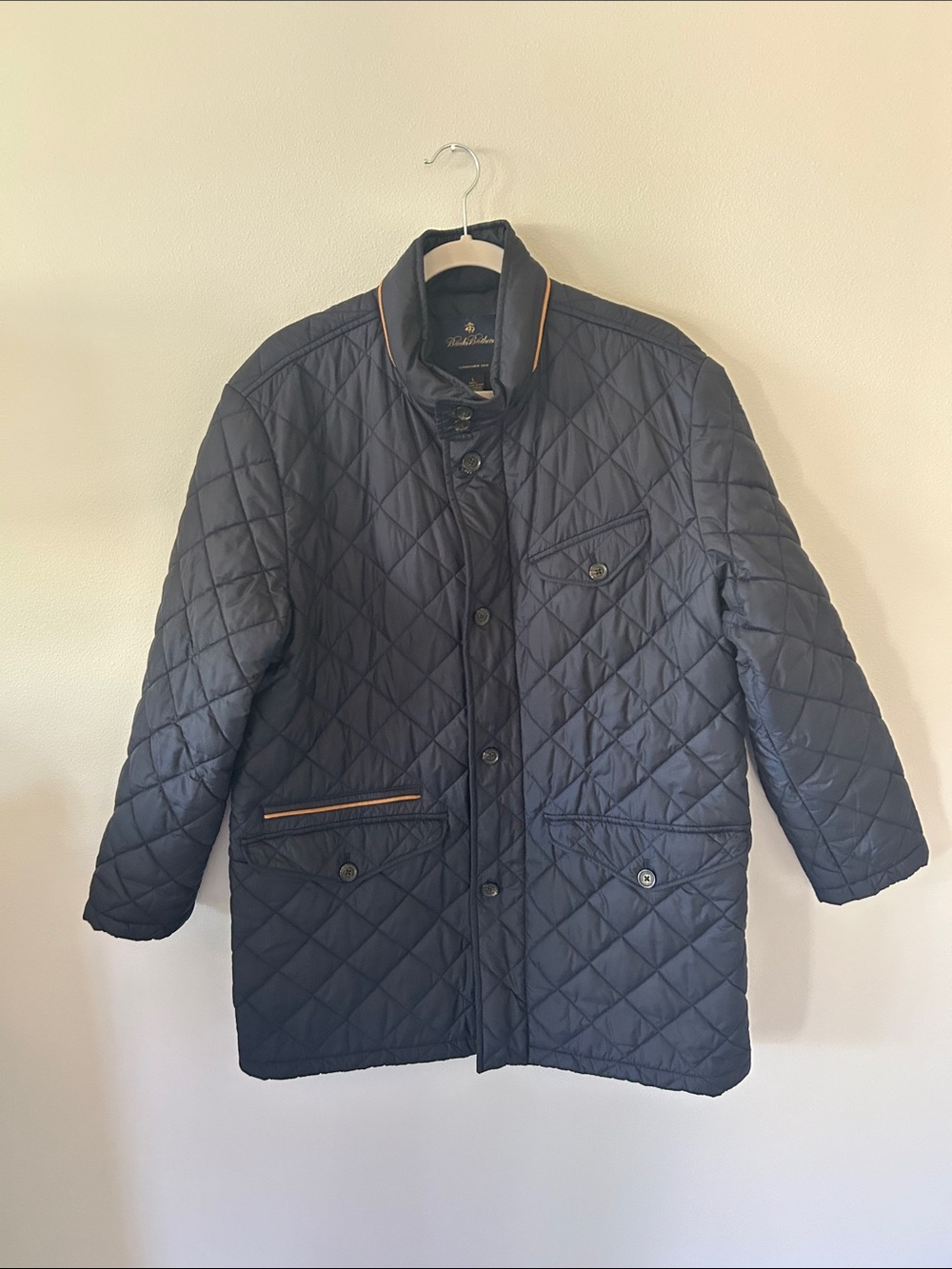 Brooks Brothers Navy Quilted Puffer Jacket with Tan Trim Mens Size L